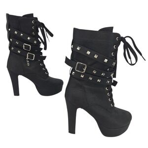Unbranded Platform Ankle Boots Size 40 Black Studded Strappy Goth Punk Halloween